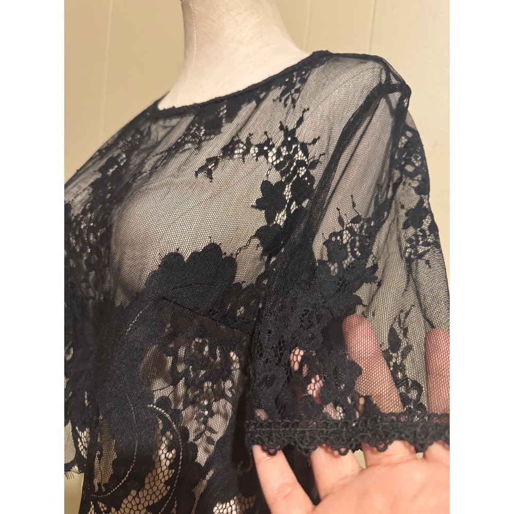 Sheer‎ Black Lace Top Medium Romantic Goth Dark Academia Fairy Grunge Layering - Picture 4 of 7